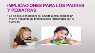 IMPLICACIONES PARA LOS PADRES
Y PEDIATRAS
• La disminución normal del apetito a esta edad es un
motivo frecuente de preocupación relacionada con la
nutrición.
 