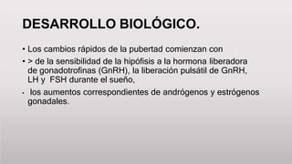 DESARROLLO BIOLÓGICO.
• Los cambios rápidos de la pubertad comienzan con
• > de la sensibilidad de la hipófisis a la hormona liberadora
de gonadotrofinas (GnRH), la liberación pulsátil de GnRH,
LH y FSH durante el sueño,
• los aumentos correspondientes de andrógenos y estrógenos
gonadales.
 