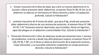 1. Escolar masculino de 8 años de edad, que sufre un trauma abdominal en la
escuela, refiere presentar dolor abdominal, al examen físico FC 80, FR 24, en el
abdomen se observa un hematoma en flanco derecho y dolor a la palpación
profunda. Calcule la hidratación?
1. Lactante masculino de 9 meses de edad , que pesa 9 Kg, acude por presentar
dolor abdominal y diarrea de una semana de evolución, al examen físico FC 160,
FR 70, T 41° fontanela anterior deprimida, ojos hundidos, llanto sin lágrimas,
signo del pliegue en el abdomen y extremidades frías. Calcule la hidratación ?
1. Preescolar femenina de 2 años de edad que acude por presentar hace 1 semana
tos productiva, rinorrea y desde hoy dificultad para respirar, al examen físico FC
120, FR 30, T 40°, en el tórax se observa disminución de la expansión torácica,
tiraje intercostal, y se auscultan estertores crepitantes en campo pulmonar
derecho. Calcule la hidratación?
 