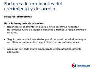 Factores determinantes del
crecimiento y desarrollo
Factores protectores
Para la búsqueda de atención:
• Reconocer el momento en que los niños enfermos necesitan
tratamiento fuera del hogar y llevarlos a tiempo a recibir atención
en salud.
• Seguir recomendaciones dadas por el personal de salud en lo que
se refiere a tratamiento y seguimiento de las enfermedades.
• Asegurar que toda mujer embarazada reciba atención prenatal
adecuado.
 