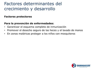 Factores determinantes del
crecimiento y desarrollo
Factores protectores
Para la prevención de enfermedades:
• Garantizar el esquema completo de inmunización
• Promover el desecho seguro de las heces y el lavado de manos
• En zonas maláricas proteger a los niños con mosquiteros
 