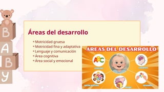 ⚬Motricidad gruesa
⚬Motricidad fina y adaptativa
⚬Lenguaje y comunicación
⚬Área cognitiva
⚬Área social y emocional
Áreas del desarrollo
 