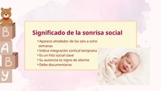 Significado de la sonrisa social
⚬Aparece alrededor de las seis a ocho
semanas
⚬Indica integración cortical temprana
⚬Es un hito social clave
⚬Su ausencia es signo de alarma
⚬Debe documentarse
 