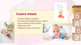 ⚬Control cefálico completo
⚬Se voltea de decúbito prono a supino
⚬Lleva manos a la línea media
⚬Balbuceo inicial
⚬Respuesta activa al entorno
Cuatro meses
 