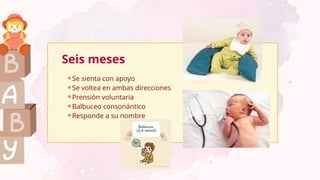 Seis meses
⚬Se sienta con apoyo
⚬Se voltea en ambas direcciones
⚬Prensión voluntaria
⚬Balbuceo consonántico
⚬Responde a su nombre
 