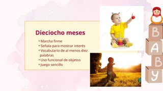 Dieciocho meses
⚬Marcha firme
⚬Señala para mostrar interés
⚬Vocabulario de al menos diez
palabras
⚬Uso funcional de objetos
⚬Juego sencillo
 