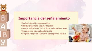 Importancia del señalamiento
⚬Indica intención comunicativa
⚬Refleja desarrollo social adecuado
⚬Aparece alrededor de los doce a dieciocho meses
⚬Su ausencia es una bandera roja
⚬Sugiere riesgo de trastorno del espectro autista
 