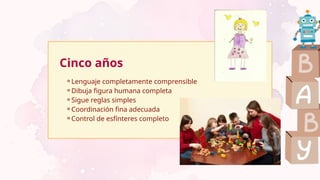 Cinco años
⚬Lenguaje completamente comprensible
⚬Dibuja figura humana completa
⚬Sigue reglas simples
⚬Coordinación fina adecuada
⚬Control de esfínteres completo
 