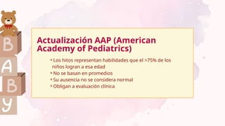 Actualización AAP (American
Academy of Pediatrics)
⚬Los hitos representan habilidades que el >75% de los
niños logran a esa edad
⚬No se basan en promedios
⚬Su ausencia no se considera normal
⚬Obligan a evaluación clínica
 