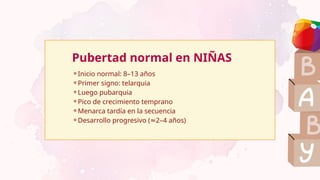 ⚬Inicio normal: 8–13 años
⚬Primer signo: telarquia
⚬Luego pubarquia
⚬Pico de crecimiento temprano
⚬Menarca tardía en la secuencia
⚬Desarrollo progresivo ( 2–4 años)
≈
Pubertad normal en NIÑAS
 