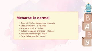Menarca: lo normal
⚬Ocurre 2–3 años después de telarquia
⚬Edad promedio: 12–13 años
⚬Normal entre 9 y 15 años
⚬Ciclos irregulares primeros 1–2 años
⚬Anovulación fisiológica inicial
⚬Parte del desarrollo normal
 