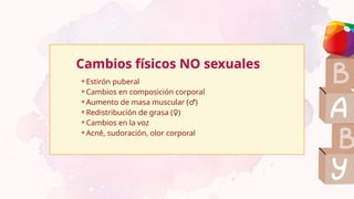 ⚬Estirón puberal
⚬Cambios en composición corporal
⚬Aumento de masa muscular ( )
♂
⚬Redistribución de grasa ( )
♀
⚬Cambios en la voz
⚬Acné, sudoración, olor corporal
Cambios físicos NO sexuales
 