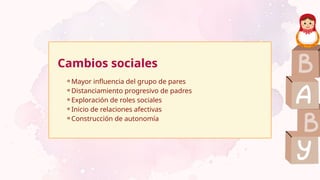 Cambios sociales
⚬Mayor influencia del grupo de pares
⚬Distanciamiento progresivo de padres
⚬Exploración de roles sociales
⚬Inicio de relaciones afectivas
⚬Construcción de autonomía
 