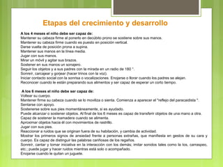 Etapas del crecimiento y desarrollo
A los 4 meses el niño debe ser capaz de:
Mantener su cabeza firme al ponerlo en decúbito prono se sostiene sobre sus manos.
Mantener su cabeza firme cuando es puesto en posición vertical.
Darse vuelta de posición prona a supina.
Mantener sus manos en la línea media.
Jugar con sus manos.
Mirar un móvil y agitar sus brazos.
Sostener en sus manos un sonajero.
Seguir los objetos y a sus padres con la mirada en un radio de 180 °.
Sonreír, carcajear y gorjear (hacer trinos con la voz).
Iniciar contacto social con la sonrisa o vocalizaciones. Enojarse o llorar cuando los padres se alejan.
Reconocer cuando le están preparando sus alimentos y ser capaz de esperar un corto tiempo.

 A los 6 meses el niño debe ser capaz de:
Voltear su cuerpo.
Mantener firme su cabeza cuando se lo moviliza o sienta. Comienza a aparecer el "reflejo del paracaidista ".
Sentarse con apoyo.
Sostenerse sobre sus pies momentáneamente, si es ayudado.
Puede alcanzar o sostener objetos. Al final de los 6 meses es capaz de transferir objetos de una mano a otra.
Capaz de sostener la mamadera cuando se alimenta.
Aproximar objetos hacia él con movimientos de rastrillo.
Jugar con sus pies.
Reaccionar a ruidos que se originan fuera de su habitación, y cambia de actividad.
Mostrar los primeros signos de ansiedad frente a personas extrañas, que manifiesta en gestos de su cara y
cuerpo. Es capaz de distinguir las palabras cariñosas de los regaños.
Sonreír, cantar y tomar iniciativa en la interacción con los demás; imitar sonidos tales como la tos, carraspeo,
etc.; puede jugar y hacer ruidos mientras está solo o acompañado.
Enojarse cuando le quitan un juguete.
 