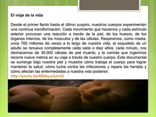 El viaje de la vida

Desde el primer llanto hasta el último suspiro, nuestros cuerpos experimentan
una continua transformación. Cada movimiento que hacemos y cada estímulo
exterior provocan una reacción a través de la piel, de los huesos, de los
órganos internos, de los músculos y de las células. Respiramos, como media,
unos 700 millones de veces a lo largo de nuestra vida; el esqueleto de un
adulto se renueva completamente cada siete o diez años; cada minuto, nos
deshacemos de 30.000 células de piel muerta; y la comida que ingerimos
recorre nueve metros en su viaje a través de nuestro cuerpo. Este documental
se sumerge bajo nuestra piel y muestra cómo trabaja el cuerpo para lograr
mantener la salud, cómo lucha contra las infecciones y repara las heridas y
cómo afectan las enfermedades a nuestra vida posterior.
http://youtu.be/0RAq-urUm3I
 