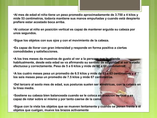 •Al mes de edad el niño tiene un peso promedio aproximadamente de 3.750 a 4 kilos y
mide 53 centímetros, todavía mantiene sus manos empuñadas y cuando está despierto
prefiere estar acostado boca arriba.

•Al colocar al niño en posición vertical es capaz de mantener erguida su cabeza por
unos segundos.

•Sigue los objetos con sus ojos y con el movimiento de la cabeza.

•Es capaz de llorar con gran intensidad y responde en forma positiva a ciertas
comodidades y satisfacciones.

•A los tres meses da muestras de gusto al ver a la persona que lo atiende
habitualmente, desde esta edad se va afirmando su sentido de seguridad al ser tratado
afectuosa y correctamente. Pesa de 5 a 6 kilos y mide de 58 a 60 centímetros.

•A los cuatro meses pesa un promedio de 6.5 kilos y mide de 62 a 63 centímetros y a
los seis meses pesa un promedio de 7.5 kilos y mide 67 centímetros.

•Del tercero al sexto mes de edad, sus posturas suelen ser simétricas, con la cabeza en
la línea media.

•Sostiene su cabeza bien balanceada cuando se le coloca en posición vertical y es
capaz de rotar sobre sí mismo y por tanto caerse de la cama.

•Sigue con la vista los objetos que se mueven lentamente y cuando se ponen frente a él
objetos que cuelgan, mueve los brazos activamente
 