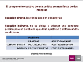 CRECIMIENTO Y DESARROLLO
El componente coactivo de una política se manifiesta de dos
maneras
Coacción directa, las conductas son obligatorias
Coacción indirecta, no se obliga a adoptar una conducta
precisa pero se establece que debe ajustarse a determinadas
condiciones.
POBLACION
INDIVIDUOS GRUPOS/COMUNIDAD
COERCION DIRECTA POLIT. REGULATIVAS POLIT. REDISTRIBUTIVAS
INDIRECTA POLIT. DISTRIBUTIVAS POLIT. INSTITUCIONALES
 
