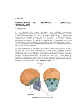 CAPÍTULO I
GENERALIDADES DEL CRECIMIENTO Y DESARROLLO
CRANEOFACIAL
1. Componentes
En el desarrollo del cráneo participan tres entidades provenientes
embriológicamente de las células de la cresta neural y tejido mesodérmico paraxial,
a saber: el neurocráneo, la cara y el aparato masticatorio. El neurocráneo
comprende la bóveda craneal y la base de cráneo. La bóveda craneal o
desmocráneo cubre el encéfalo y proviene de hueso formado
intramembranosamente1. La base de cráneo es el piso craneal del encéfalo y está
asociado con la cubierta capsular de los órganos de los sentidos (nasal, auditivo y
ocular); proviene de hueso formado endocondralmente y su cartílago precursor es
conocido como condrocráneo1.
La cara comprende el desarrollo del sistema estomatognáticofacial (sistema:
conjunto de órganos que intervienen en alguna de las principales funciones
vegetativas; estoma: boca; gnatico: perteneciente a los maxilares; facial: cara), que
es derivado de los arcos faríngeos y del proceso frontonasal. Proviene de hueso
formado intramembranosamente con origen de células de la cresta neural; es
también conocido como esplacnocráneo o viscerocráneo. Este sistema contiene la
musculatura oromasticatoria y facial, los huesos maxilares, mandibulares, nasales,
orbitales, malares y frontales1 (véase Figura 1.1 y Tabla 1.1).
Figura 1.1 Componentes craneales
 