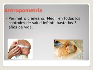 Antropometría
 Perímetro craneano: Medir en todos los
controles de salud infantil hasta los 3
años de vida.
 