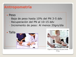 Antropometría
 Peso
◦ Baja de peso hasta 10% del PN 3-5 ddv
◦ Recuperación del PN al 10-15 ddv
◦ Incremento de peso: Al menos 20grs/día
 Talla
 