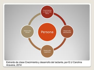 Persona
Crecimiento
y desarrollo
físico
Desarrollo
psicosocial
Desarrollo
cognitivo
Desarrollo
moral
 