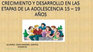 CRECIMIENTO Y DESARROLLO EN LAS
ETAPAS DE LA ADOLESCENCIA 15 – 19
AÑOS
ALUMNA: SARA MARIBEL SANTOS
HUANCAS
 
