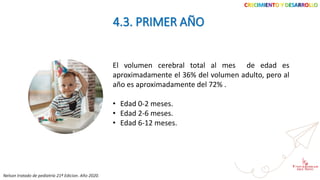 CRECIMIENTO Y DESARROLLO
4.3. PRIMER AÑO
El volumen cerebral total al mes de edad es
aproximadamente el 36% del volumen adulto, pero al
año es aproximadamente del 72% .
• Edad 0-2 meses.
• Edad 2-6 meses.
• Edad 6-12 meses.
Nelson tratado de pediatría 21ª Edicion. Año 2020.
 