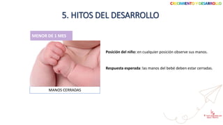 CRECIMIENTO Y DESARROLLO
5. HITOS DEL DESARROLLO
MENOR DE 1 MES
Posición del niño: en cualquier posición observe sus manos.
MANOS CERRADAS
Respuesta esperada: las manos del bebé deben estar cerradas.
 