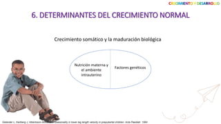Crecimiento somático y la maduración biológica
CRECIMIENTO Y DESARROLLO
6. DETERMINANTES DEL CRECIMIENTO NORMAL
Nutrición materna y
el ambiente
intrauterino
Factores genéticos
Gelander L, Karlberg J, Albertsson-Wikland K. Seasonality in lower leg length velocity in prepubertal children. Acta Paediatr. 1994
 