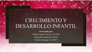 CRECIMIENTO Y
DESARROLLO INFANTIL
Presentado por:
Raimer Aquino Garcia 1-18-1856
Estherphay Ramos 2-16-0181
Marlyn Santiago 2-12-0677
 