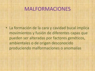 MALFORMACIONES
• La formación de la cara y cavidad bucal implica
movimientos y fusión de diferentes capas que
pueden ser alteradas por factores genéticos,
ambientales o de origen desconocido
produciendo malformaciones o anomalías
 