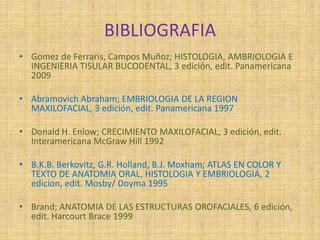 BIBLIOGRAFIA
• Gomez de Ferraris, Campos Muñoz; HISTOLOGIA, AMBRIOLOGIA E
INGENIERIA TISULAR BUCODENTAL, 3 edición, edit. Panamericana
2009
• Abramovich Abraham; EMBRIOLOGIA DE LA REGION
MAXILOFACIAL, 3 edición, edit. Panamericana 1997
• Donald H. Enlow; CRECIMIENTO MAXILOFACIAL, 3 edición, edit.
Interamericana McGraw Hill 1992
• B.K.B. Berkovitz, G.R. Holland, B.J. Moxham; ATLAS EN COLOR Y
TEXTO DE ANATOMIA ORAL, HISTOLOGIA Y EMBRIOLOGIA, 2
edicion, edit. Mosby/ Doyma 1995
• Brand; ANATOMIA DE LAS ESTRUCTURAS OROFACIALES, 6 edición,
edit. Harcourt Brace 1999
 