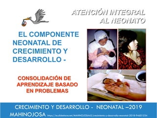 EL COMPONENTE
NEONATAL DE
CRECIMIENTO Y
DESARROLLO -
CONSOLIDACIÓN DE
APRENDIZAJE BASADO
EN PROBLEMAS
ATENCIÓN INTEGRAL
AL NEONATO
CRECIMIENTO Y DESARROLLO - NEONATAL –2019
MAHINOJOSA https://es.slideshare.net/MAHINOJOSA45/crecimiento-y-desarrollo-neonatal-2018-94601534
 