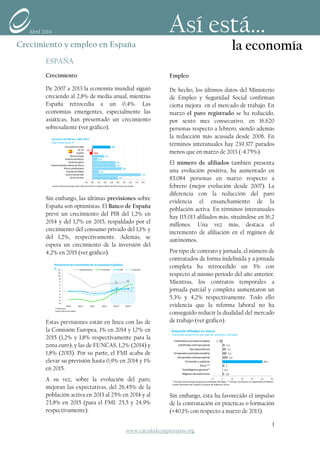 ESPAÑA
Crecimiento
De 2007 a 2013 la economía mundial siguió
creciendo al 2,8% de media anual, mientras
España retrocedía a un 0,4%. Las
economías emergentes, especialmente las
asiáticas, han presentado un crecimiento
sobresaliente (ver gráfico).
Sin embargo, las últimas previsiones sobre
España son optimistas. El Banco de España
prevé un crecimiento del PIB del 1,2% en
2014 y del 1,7% en 2015, respaldado por el
crecimiento del consumo privado del 1,1% y
del 1,2%, respectivamente. Además, se
espera un crecimiento de la inversión del
4,2% en 2015 (ver gráfico).
Estas previsiones están en línea con las de
la Comisión Europea, 1% en 2014 y 1,7% en
2015 (1,2% y 1,8% respectivamente para la
zona euro), y las de FUNCAS, 1,2% (2014) y
1,8% (2015). Por su parte, el FMI acaba de
elevar su previsión hasta 0,9% en 2014 y 1%
en 2015.
A su vez, sobre la evolución del paro,
mejoran las expectativas, del 26,45% de la
población activa en 2013 al 25% en 2014 y al
23,8% en 2015 (para el FMI: 25,5 y 24,9%
respectivamente).
Empleo
De hecho, los últimos datos del Ministerio
de Empleo y Seguridad Social confirman
cierta mejora en el mercado de trabajo. En
marzo el paro registrado se ha reducido,
por sexto mes consecutivo, en 16.620
personas respecto a febrero, siendo además
la reducción más acusada desde 2006. En
términos interanuales hay 239.377 parados
menos que en marzo de 2013 (-4.75%).
El número de afiliados también presenta
una evolución positiva, ha aumentado en
83.084 personas en marzo respecto a
febrero (mejor evolución desde 2007). La
diferencia con la reducción del paro
evidencia el ensanchamiento de la
población activa. En términos interanuales
hay 115.013 afiliados más, situándose en 16,2
millones. Una vez más, destaca el
incremento de afiliación en el régimen de
autónomos.
Por tipo de contrato y jornada, el número de
contratados de forma indefinida y a jornada
completa ha retrocedido un 3% con
respecto al mismo periodo del año anterior.
Mientras, los contratos temporales a
jornada parcial y completa aumentaron un
5,3% y 4,2% respectivamente. Todo ello
evidencia que la reforma laboral no ha
conseguido reducir la dualidad del mercado
de trabajo (ver gráfico).
Sin embargo, ésta ha favorecido el impulso
de la contratación en prácticas o formación
(+40,1% con respecto a marzo de 2013).
2,8
-0,1
-0,4
1,8
0,8
3,6
3,7
4,6
1,0
7,6
4,0
-1,0 0,0 1,0 2,0 3,0 4,0 5,0 6,0 7,0 8,0
Economíamundial
UE-27
España
RestoEuropa
AméricadelNorte
AméricaLatina
Oriente MedioyNorte de África
Áfricasubsahariana
Asiadesarrollada
Asiaendesarrollo
Restode Asia
Variación del PIB real, 2007-2013
Tasa media anual, %
Fuente:Elaboración propia sobre datos del Informe Fundación BBVA-Ivie 2013 y Banco de España
5,1
6,1
0
4,2
1,2 1,7
1,1 1,2
-8
-6
-4
-2
0
2
4
6
8
10
12
14
2010 2011 2012 2013 2014* 2015*
Previsionesde crecimientode laeconomíaespañola,
% Exportaciones Inversión PIB Consumo
* Previsiones
Fuente:Banco de España
1,8
0,5
2
40,1
5,3
4,2
3,7
2,4
-3
-10 0 10 20 30 40 50
Régimende autónomos
TotalRégimengeneral*
Otros**
Formacióny prácticas
Temporalesatiempoparcial
Temporalesajornadacompleta
Fijosdiscontinuos
Indefinidosatiempoparcial
Indefinidosajornadacompleta
Evolución afiliados en marzo
Variación anual en %, por tipo de contrato y jornada
* Excluido sistema especial agrarioy empleadas del hogar; ** Incluye funcionarios no registrados en Muface
Fuente:Ministerio de Empleoy Encuesta de Población Activa
Abril 2014 Así está…
Crecimiento y empleo en España la economía
1
www.circulodeempresarios.org
 