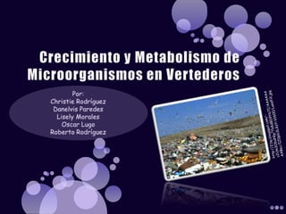 Crecimiento y Metabolismo de Microorganismos en Vertederos Por: Christie Rodríguez DanelvisParedes Lisely Morales Oscar Lugo Roberto Rodríguez http://2.bp.blogspot.com/-c2Um3ObuNlg/Tb8dBD9Y67I/AAAAAAAABec/IZ0plo3LGzY/s1600/Landfill.jpg 