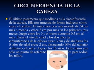 CIRCUNFERENCIA DE LA CABEZA El último parámetro que medimos es la circunferencia de la cabeza. Ella nos muestra de forma indirecta cómo crece el cerebro. El niño nace con una medida de 34 cm más o menos y crece 2 cm por mes en los primeros tres meses, luego entre los 3 y 6 meses aumenta 0,5 cm al mes. Entre el año de edad y los dos años la circunferencia de la cabeza crece 3 cm y de ahí hasta los 5 años de edad crece 2 cm, alcanzando 90% del tamaño definitivo, el cual se logra a los 15 años. Estos datos son sólo un punto de referencia y no son iguales para todos los niños.  
