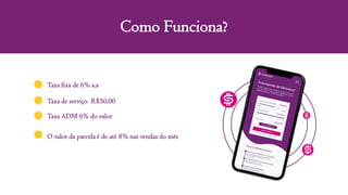 Como Funciona?
Taxa fixa de 6% a.a
Taxa de serviço R$50,00
Taxa ADM 6% do valor
O valor da parcela é de até 8% nas vendas do mës
 