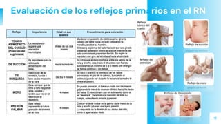 11
Evaluación de los reflejos primarios en el RN
Reflejo Importancia Edad en que
aparece
Procedimiento para valoración
 