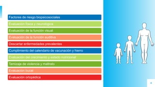 Factores de riesgo biopsicosociales
Evaluación física y neurológica
Evaluación de la función visual
Evaluación de la función auditiva
Descartar enfermedades prevalentes
Cumplimiento del calendario de vacunación y hierro
Evaluación del crecimiento y estado nutricional
Tamizaje de violencia y maltrato
Evaluación bucal
Evaluación ortopédica
4
 