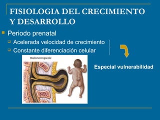 FISIOLOGIA DEL CRECIMIENTO 
Y DESARROLLO 
 Periodo prenatal 
 Acelerada velocidad de crecimiento 
 Constante diferenciación celular 
Especial vulnerabilidad 
 