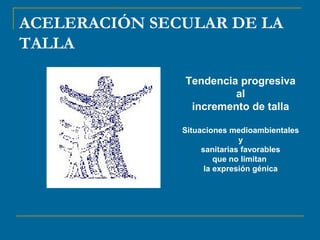 ACELERACIÓN SECULAR DE LA 
TALLA 
Tendencia progresiva 
al 
incremento de talla 
Situaciones medioambientales 
y 
sanitarias favorables 
que no limitan 
la expresión génica 
 