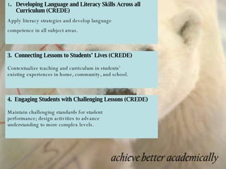 Developing Language and Literacy Skills Across all Curriculum (CREDE) Apply literacy strategies and develop language  competence in all subject areas. 3.  Connecting Lessons to Students’ Lives (CREDE) Contextualize teaching and curriculum in students’ existing experiences in home, community, and school. 4.  Engaging Students with Challenging Lessons (CREDE) Maintain challenging standards for student performance; design activities to advance  understanding to more complex levels. 