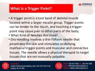 What is a Trigger Point?
• A trigger point is a taut band of skeletal muscle
located within a larger muscle group. Trigger points
can be tender to the touch, and touching a trigger
point may cause pain to other parts of the body.
• What Kind of Needles Are Used?
• Dry needling involves a thin filiform needle that
penetrates the skin and stimulates underlying
myofascial trigger points and muscular and connective
tissues. The needle allows a physical therapist to target
tissues that are not manually palpable.
 