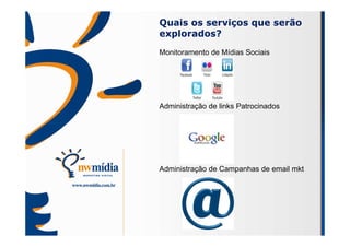 Quais os serviços que serão
explorados?
Monitoramento de Mídias Sociais




Administração de links Patrocinados




Administração de Campanhas de email mkt
 