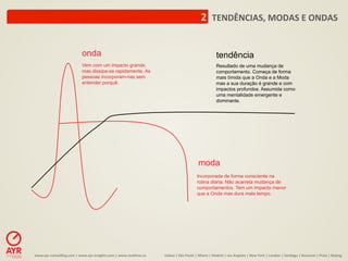 2	
  	
  TENDÊNCIAS,	
  MODAS	
  E	
  ONDAS	
  


                                      onda                                                                                                          tendência
                                      Vem com um impacto grande,                                                                                    Resultado de uma mudança de
                                      mas dissipa-se rapidamente. As                                                                                comportamento. Começa de forma
                                      pessoas incorporam-nas sem                                                                                    mais tímida que a Onda e a Moda
                                      entender porquê.                                                                                              mas a sua duração é grande e com
                                                                                                                                                    impactos profundos. Assumida como
                                                                                                                                                    uma mentalidade emergente e
                                                                                                                                                    dominante.




                                                                                                                                  moda
                                                                                                                                 Incorporada de forma consciente na
                                                                                                                                 rotina diária. Não acarreta mudança de
                                                                                                                                 comportamentos. Tem um impacto menor
                                                                                                                                 que a Onda mas dura mais tempo.




www.ayr-­‐consul-ng.com	
  |	
  www.ayr-­‐insights.com	
  |	
  www.real-me.co	
  	
  	
  	
     Lisboa	
  |	
  São	
  Paulo	
  |	
  Miami	
  |	
  Madrid	
  |	
  Los	
  Angeles	
  |	
  New	
  York	
  |	
  London	
  |	
  San-ago	
  |	
  Bucarest	
  |	
  Praia	
  |	
  Beijing	
  
 