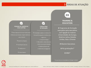 3	
  	
  ÁREAS	
  DE	
  ATUAÇÃO	
  


                                                                                                                                                                                                              03	
  
                                                                                                                                                                                                TRAINING	
  &	
  
                                      01	
                                                                           02	
                                                                       EDUCATION	
  
                PESQUISA	
  DE	
  TENDÊNCIAS	
                                                            CONSULTORIA	
  
                    COOL	
  HUNTING	
                                                                     DE	
  INOVAÇÃO	
                                                      ᴥ	
  Programas	
  de	
  formação	
  
                                                                                                                                                                              avançados	
  para	
  execu:vos,	
  
        ◊	
  Observação	
  permanente	
  de	
  Trends	
  produzindo	
   ◊	
  Metodologias	
  próprias	
  e	
  inovadoras	
  (TrendsLator	
                                      com	
  ligação	
  às	
  maiores	
  
    milhares	
  de	
  cool	
  examples,	
  insights	
  e	
  ideias	
  de	
  negócio	
   &	
  InnovAYR)	
  asseguram	
  as	
  melhores	
  soluções	
  de	
                      Universidades	
  da	
  Europa,	
  
                               para	
  o	
  mercado	
                                                          negócio	
  em:	
                                                 América	
  La:na,	
  Estados	
  
                                         	
                                                           >>	
  Inovação	
  Estratégica	
                                            Unidos,	
  Ásia	
  e	
  Oriente	
  
                          ◊	
  World	
  Trend	
  Reports	
  
                                         	
                                                  >>	
  P&D,	
  Gestão	
  	
  e	
  Desenvolvimento	
                                                 	
  
                        ◊	
  Trend	
  Reports	
  Setoriais	
                                   >>	
  Mkt,	
  Comunicação	
  e	
  Branding	
                                      ᴥ	
  Masters	
  Execu:vos	
  
                                          	
                                                        >>	
  Gestão	
  de	
  Talento	
  e	
  RH	
                                                  	
  
                              ◊	
  CoolCity	
  Hunts	
                                          >>	
  Rela:onShip	
  	
  &	
  Engagement	
                                        ᴥ	
  Pós-­‐graduações*	
  
                                         	
                                                                                                                                                     	
  
                             ◊	
  Tailored	
  Reports	
                                                                	
  
                                                                                                                                                                                          ᴥ	
  MBA*	
  


                                                                                                                                                                  *	
  Em	
  parceria	
  com	
  universidades	
  em	
  Portugal	
  e	
  no	
  Brasil	
  




www.ayr-­‐consul-ng.com	
  |	
  www.ayr-­‐insights.com	
  |	
  www.real-me.co	
  	
  	
  	
                           Lisboa	
  |	
  São	
  Paulo	
  |	
  Miami	
  |	
  Madrid	
  |	
  Los	
  Angeles	
  |	
  New	
  York	
  |	
  London	
  |	
  San-ago	
  |	
  Bucarest	
  |	
  Praia	
  |	
  Beijing	
  
 