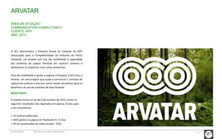 ARVATAR 
ÁREA DE ATUAÇÃO: 
COMMUNICATION CONSULTANCY 
CLIENTE: AIFF 
ANO: 2013 
A GCI desenvolveu a Etiqueta Escala de Carbono da AIFF 
(Associação para a Competitividade da Indústria da Fileira 
Florestal), um projeto que visa dar visibilidade à capacidade 
dos produtos de origem florestal em capturar carbono e 
demonstrar as respetivas mais-valias ambientais. 
Para dar visibilidade e ajudar a explicar a Etiqueta, a GCI criou o 
Arvatar, um personagem que ajuda a comunicar o conceito de 
captura de carbono e que tem como missão sensibilizar para os 
benefícios do uso de produtos de base florestal. 
RESULTADOS: 
O projeto iniciou-se no dia 3 de outubro de 2013, tendo os 
seguintes resultados sido registados em apenas 15 dias após 
o seu lançamento: 
» 16 notícias publicadas 
» 4601 gostos na página de Facebook em 15 dias 
» Nº de visualizações do vídeo Arvatar: 7629 
GCI NETWORK CREDENCIAIS PUBLIC ENGAGEMENT 31 
 