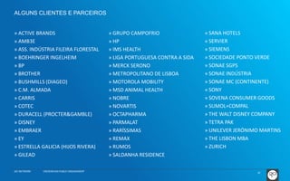 ALGUNS CLIENTES E PARCEIROS 
» ACTIVE BRANDS 
» AMB3E 
» ASS. INDÚSTRIA FILEIRA FLORESTAL 
» BOEHRINGER INGELHEIM 
» BP 
» BROTHER 
» BUSHMILLS (DIAGEO) 
» C.M. ALMADA 
» CARRIS 
» COTEC 
» DURACELL (PROCTER&GAMBLE) 
» DISNEY 
» EMBRAER 
» EY 
» ESTRELLA GALICIA (HIJOS RIVERA) 
» GILEAD 
» GRUPO CAMPOFRIO 
» HP 
» IMS HEALTH 
» LIGA PORTUGUESA CONTRA A SIDA 
» MERCK SERONO 
» METROPOLITANO DE LISBOA 
» MOTOROLA MOBILITY 
» MSD ANIMAL HEALTH 
» NOBRE 
» NOVARTIS 
» OCTAPHARMA 
» PARMALAT 
» RARÍSSIMAS 
» REMAX 
» RUMOS 
» SALDANHA RESIDENCE 
» SANA HOTELS 
» SERVIER 
» SIEMENS 
» SOCIEDADE PONTO VERDE 
» SONAE SGPS 
» SONAE INDÚSTRIA 
» SONAE MC (CONTINENTE) 
» SONY 
» SOVENA CONSUMER GOODS 
» SUMOL+COMPAL 
» THE WALT DISNEY COMPANY 
» TETRA PAK 
» UNILEVER JERÓNIMO MARTINS 
» THE LISBON MBA 
» ZURICH 
GCI NETWORK CREDENCIAIS PUBLIC ENGAGEMENT 42 
 