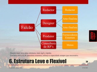Redactor                   Redactor


                                                               Arte-finalista
                                       Designer
                      Falcão                                   Arte-finalista

                                                               Fornecedores
                                       Produtor                  Externos

                                      Consultora                    Meios
                                       de RP’s
 Quanto mais leve uma estrutura, mais ágil e rápida;
 Um bom network de parceiros externos, reforça a capacidade sempre que necessário.


6. Estrutura Leve e Flexível                                                               24

Credenciais Rikhozi 2013                                                             07/01/2013
 