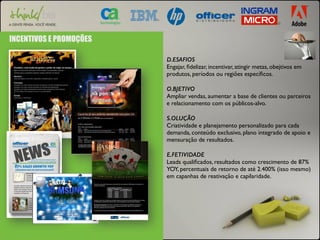 INCENTIVOS E PROMOÇÕES 
D.ESAFIOS 
Engajar, fidelizar, incentivar, atingir metas, obejtivos em 
produtos, períodos ou regiões específicos. 
O.BJETIVO 
Ampliar vendas, aumentar a base de clientes ou parceiros 
e relacionamento com os públicos-alvo. 
S.OLUÇÃO 
Criatividade e planejamento personalizado para cada 
demanda, conteúdo exclusivo, plano integrado de apoio e 
mensuração de resultados. 
E.FETIVIDADE 
Leads qualificados, resultados como crescimento de 87% 
YOY, percentuais de retorno de até 2.400% (isso mesmo) 
em capanhas de reativação e capilaridade. 
 